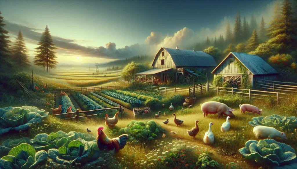 Raising Small Livestock - barns, crops, chickens, pigs, ducks scene