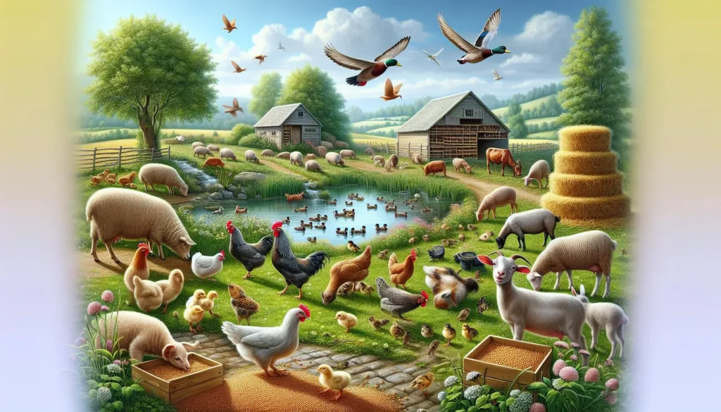 Raising Small Livestock - around a pond, hay, outbuildings, livestock